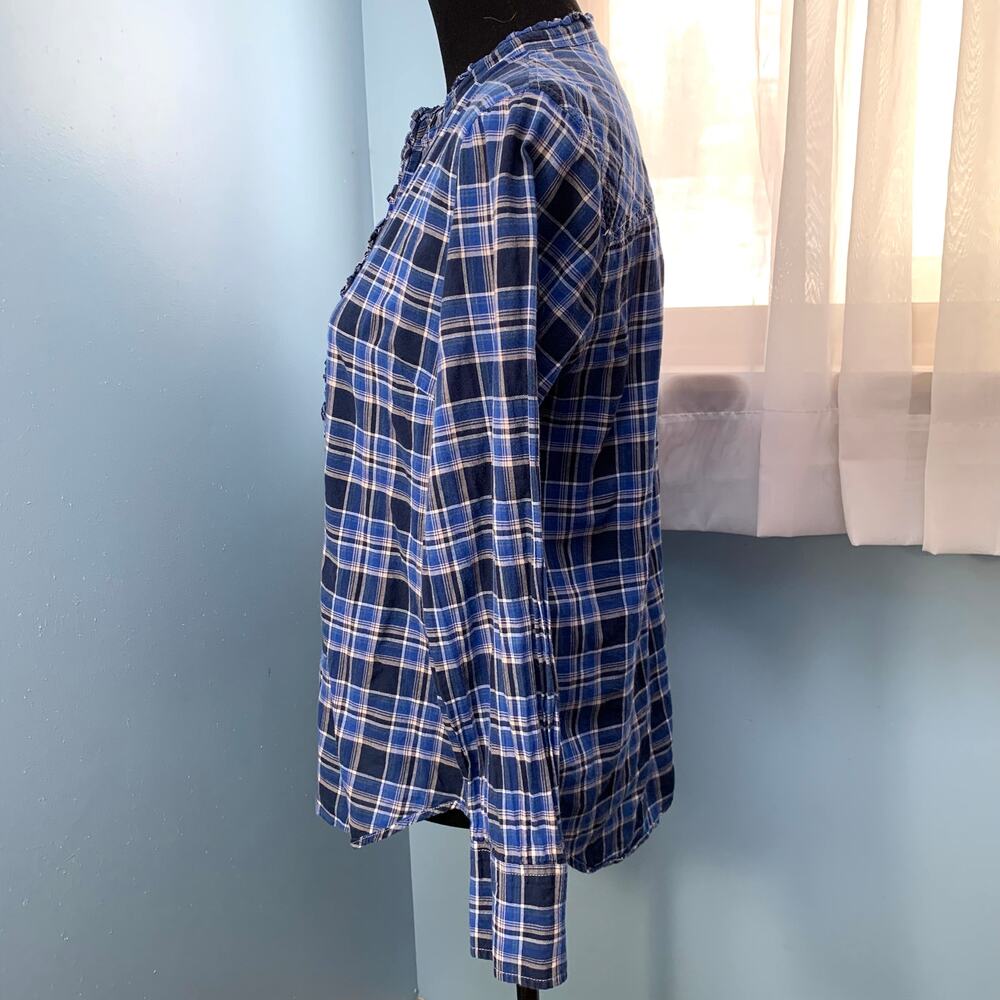 J. Crew Ocean Blue Plaid Ruffle Popover Shirt Size 8 - Picture 3 of 7